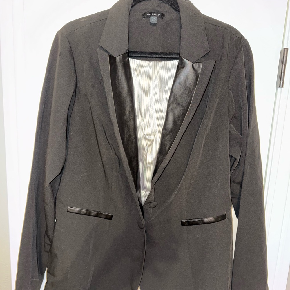 Torrid Black Tuxedo Blazer with “pleather” Trim